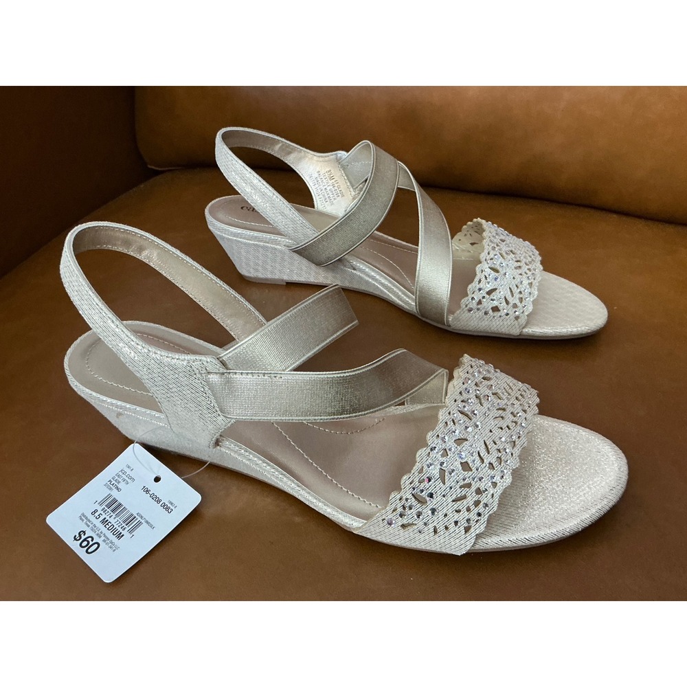 East 5th Gladie Wedge Sandals‎ Womens 8.5 Platino Rhinestone Laser Cut Strappy